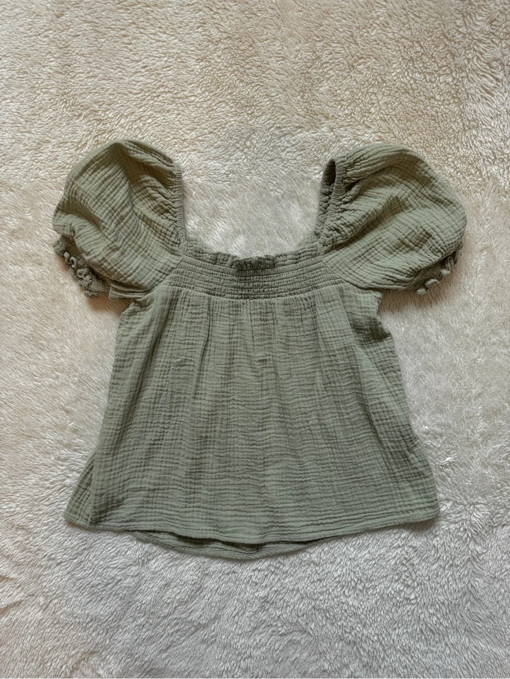 J. Crew Green Puff-Sleeve Square Neck Cotton Gauze Short Sleeve Top
